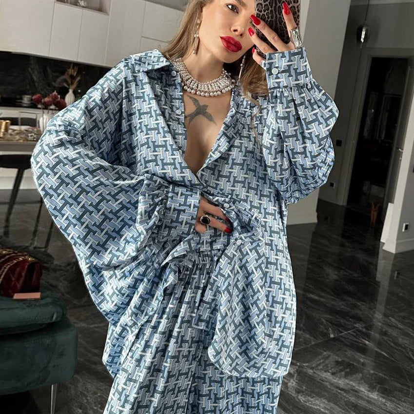 Clacive Fashion Loose Print 2 Piece Sets Women Outfit Elegant Long Sleeve Shirt With High Waist Wide Pants Set Streetwear