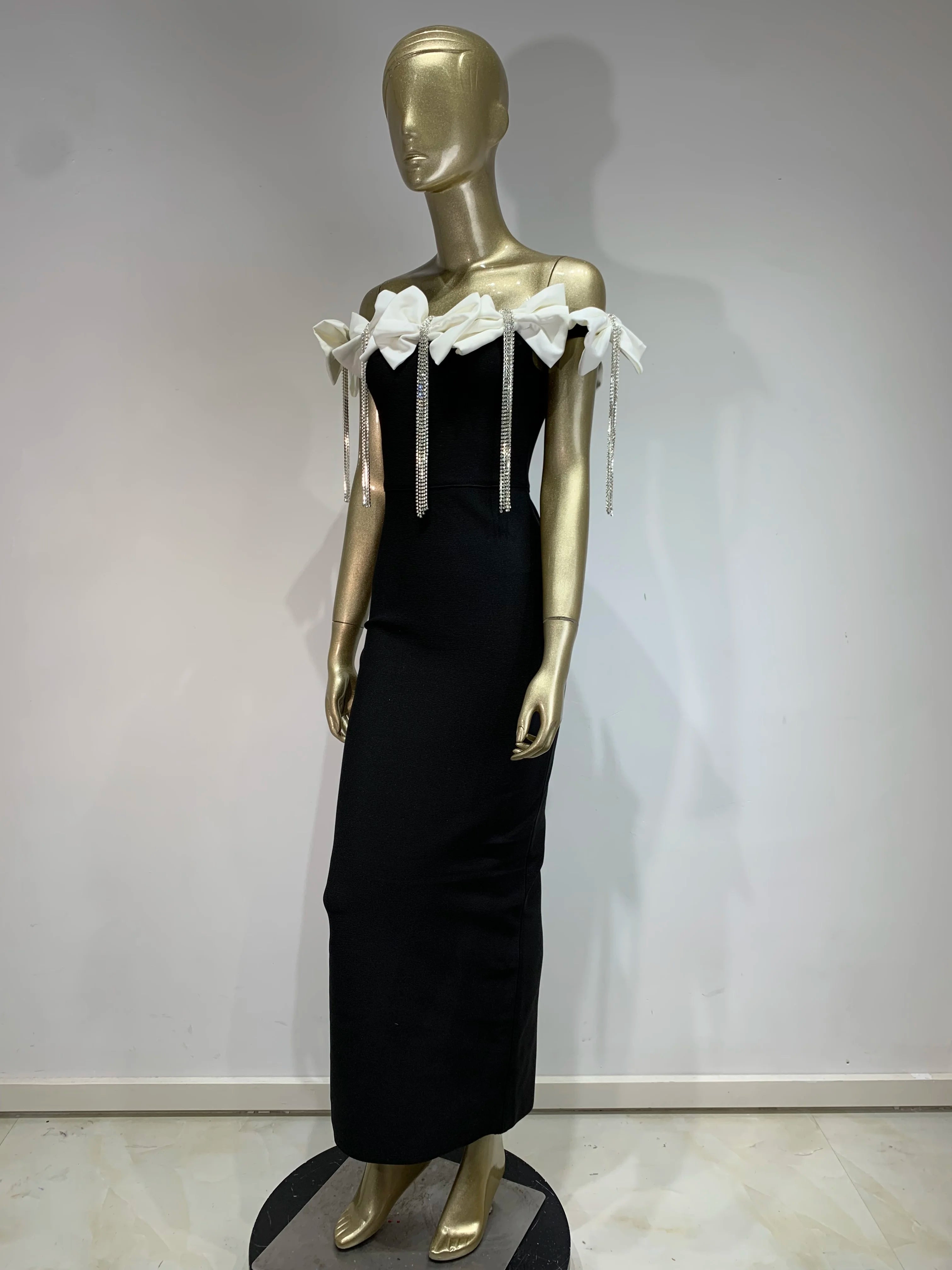 2024 New Women Sexy Off the Shoulder Bodycon Bandage Long Dress Bow Chain Elegant Evening Party Celebrate Birthday Dress