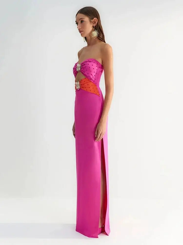 Ailigou New Summer Women's Sexy Strapless Hollow Diamond Tight Long High Split Bandage Dress Elegant Celebrity Party Dress