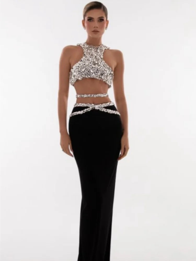 Sparkly Crystal Bodycon Tops 2 Pieces Bodycon Long Dress Women Sexy Off the Shoulder Nightclub Party Performance Costume black