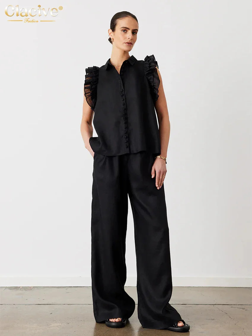 Clacive Fashion Loose Beige Cotton 2 Piece Sets Women Outfit Elegant Sleeveless Tank Top With High Waist Wide Pants Set Black