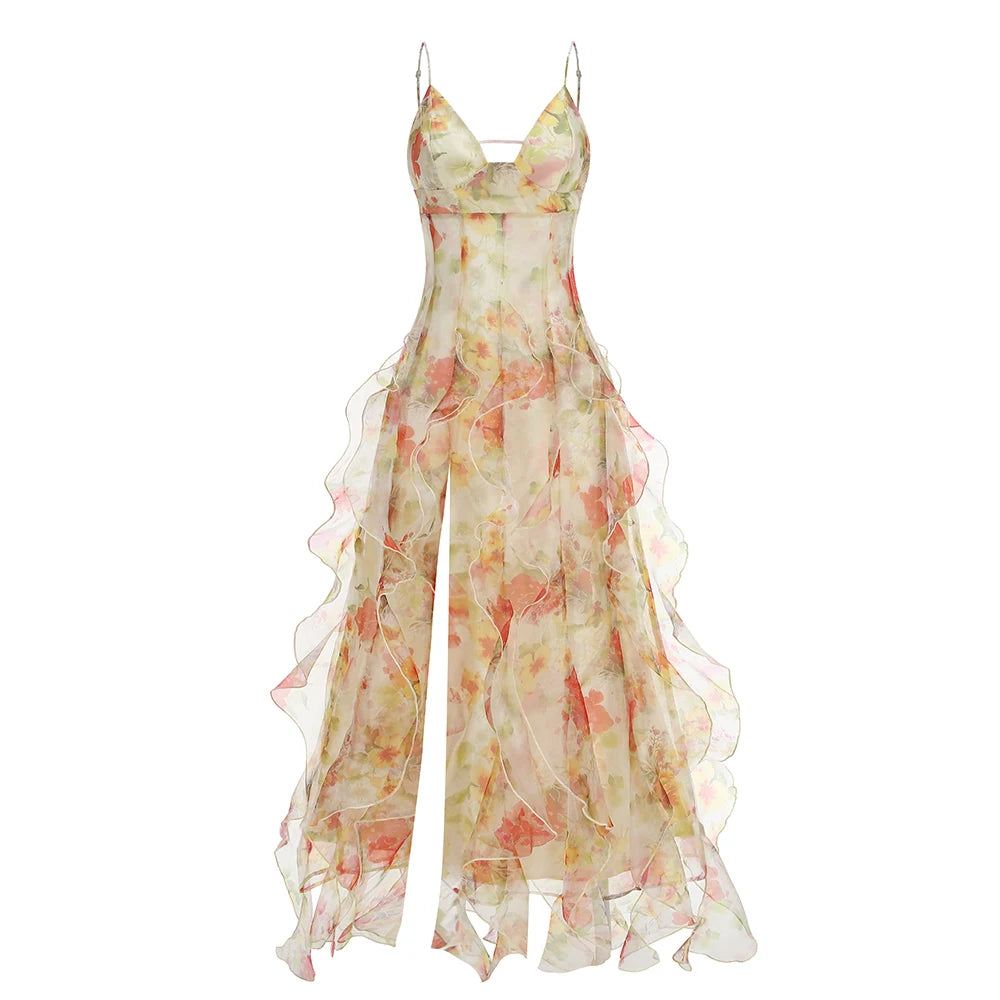 Colorful Floral Printing Beach Long Dresses Summer Chic Spaghetti Straps Backless Princess Fairy Maxi Dress Vestidos YELLOW