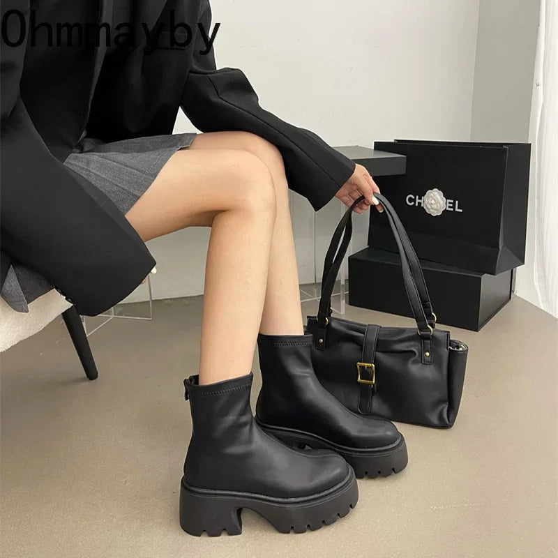 Winter Ankle Boots For Women Fashion Back Zippers Short Boots Female Elegant Platform Thick Bottom Women's Knight Botties