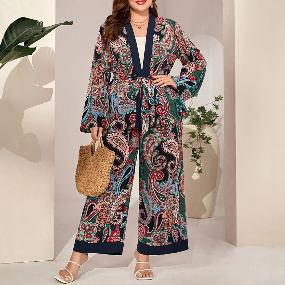 Plus Size Rafiah Women's Summer 2025 Sets Paisley Print Long Sleeve Top Wide Leg Pants Contrast Trim Retro Two Piece Sets Navy Blue
