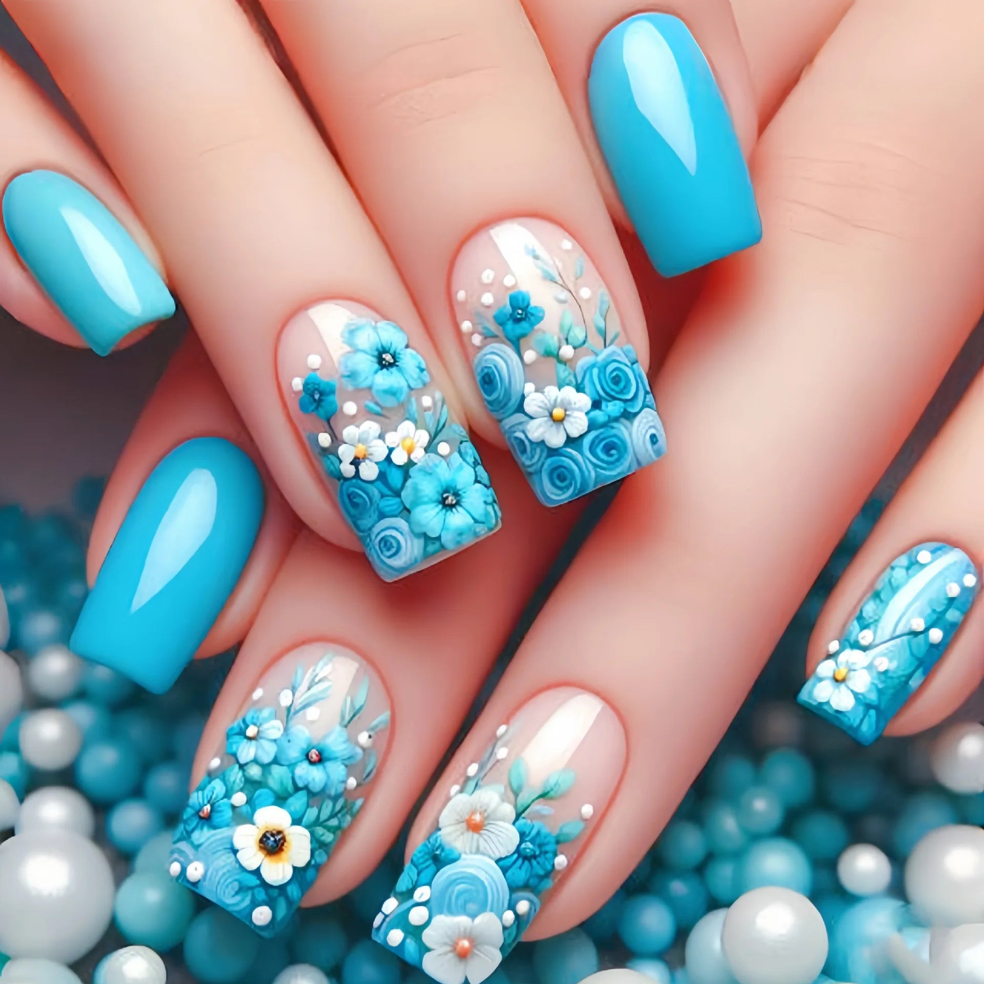 24Pcs Mid-length Square Fake Nails Patch with Plant Flower Pattern False Nails Blue Fashion Removable Nail Tips Finished Summer 1
