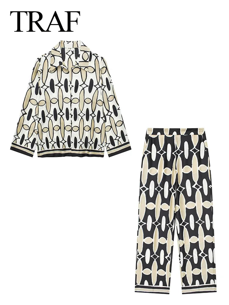 TRAF Women 2 Pieces Set Casual High Waist Pockets Elastic Waist Wide Leg Pant+Chic Printed Lapel Long Sleeve Shirt Blouse