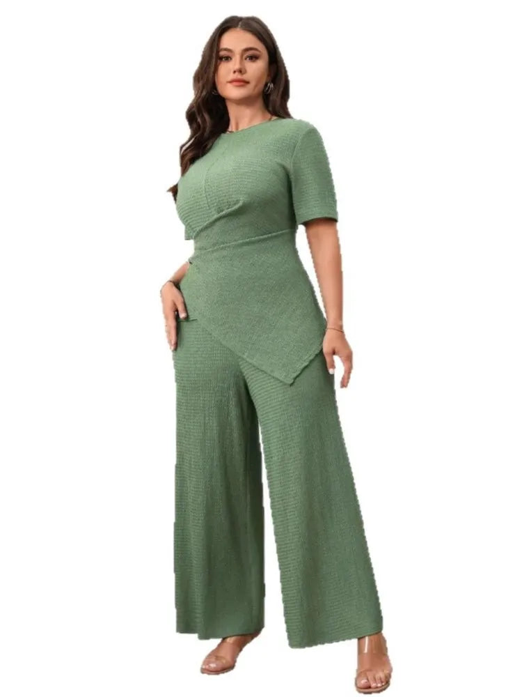 Plus Size Summer 2 Two Piece Set Women Irregular Slim Waist Fashion Ladies Blouses Wide Leg Loose Pleated Woman Long Pants