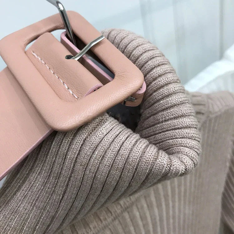 H Han Queen Knitted Turtleneck Sweater Bodycon Dress Bottoming Women Soft Elastic Autumn Winter Midi Party Dresses With Belt Camel One Size