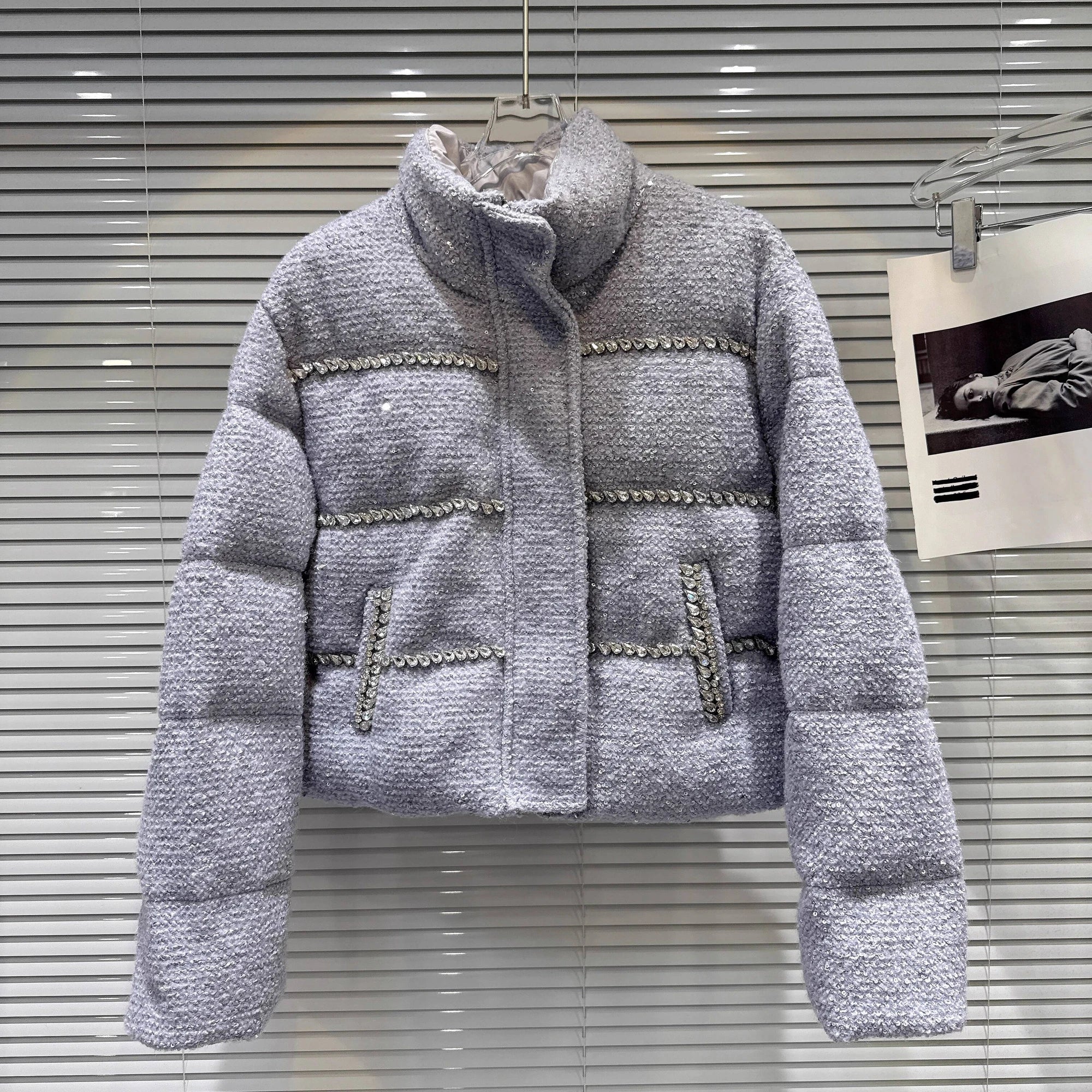 Winter New Sweet Fashion Rhinestone Beaded Edge Thick Tweed Stand Collar Warm Jacket For Women Cotton Coat 11A07587 Light Purple One Size