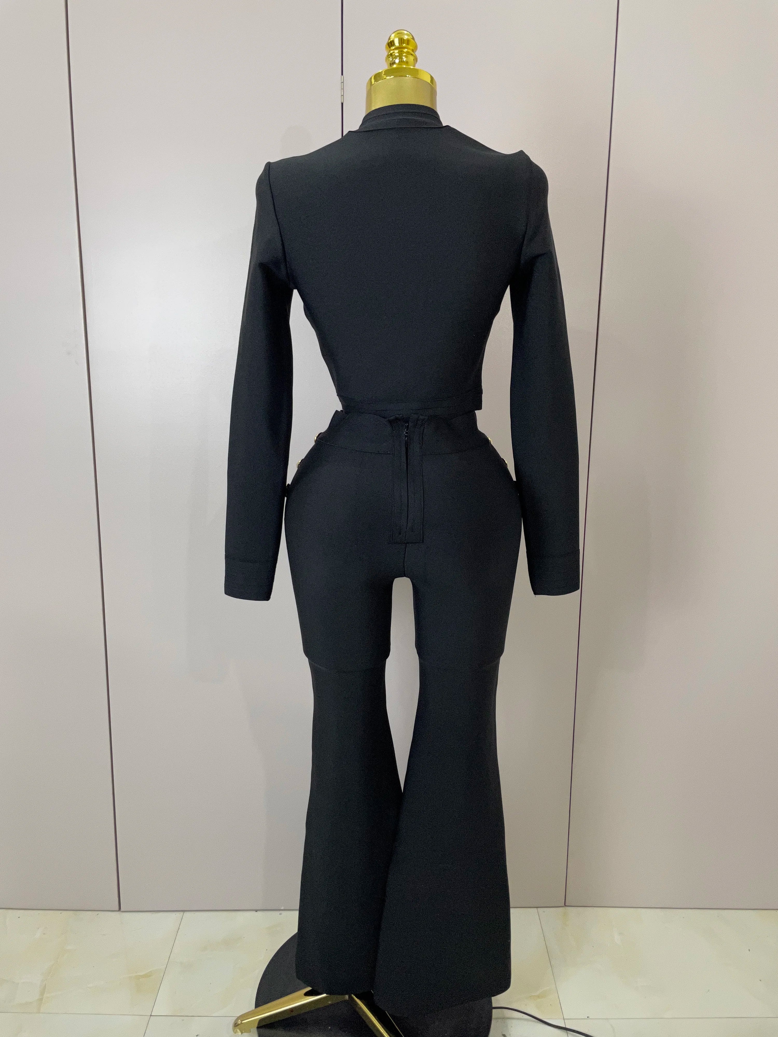 2025 New Golden Buttons Short Coat Top And Flare Pants Bandage 2 Pieces Set Woman Celebrity Evening Party Vestidos