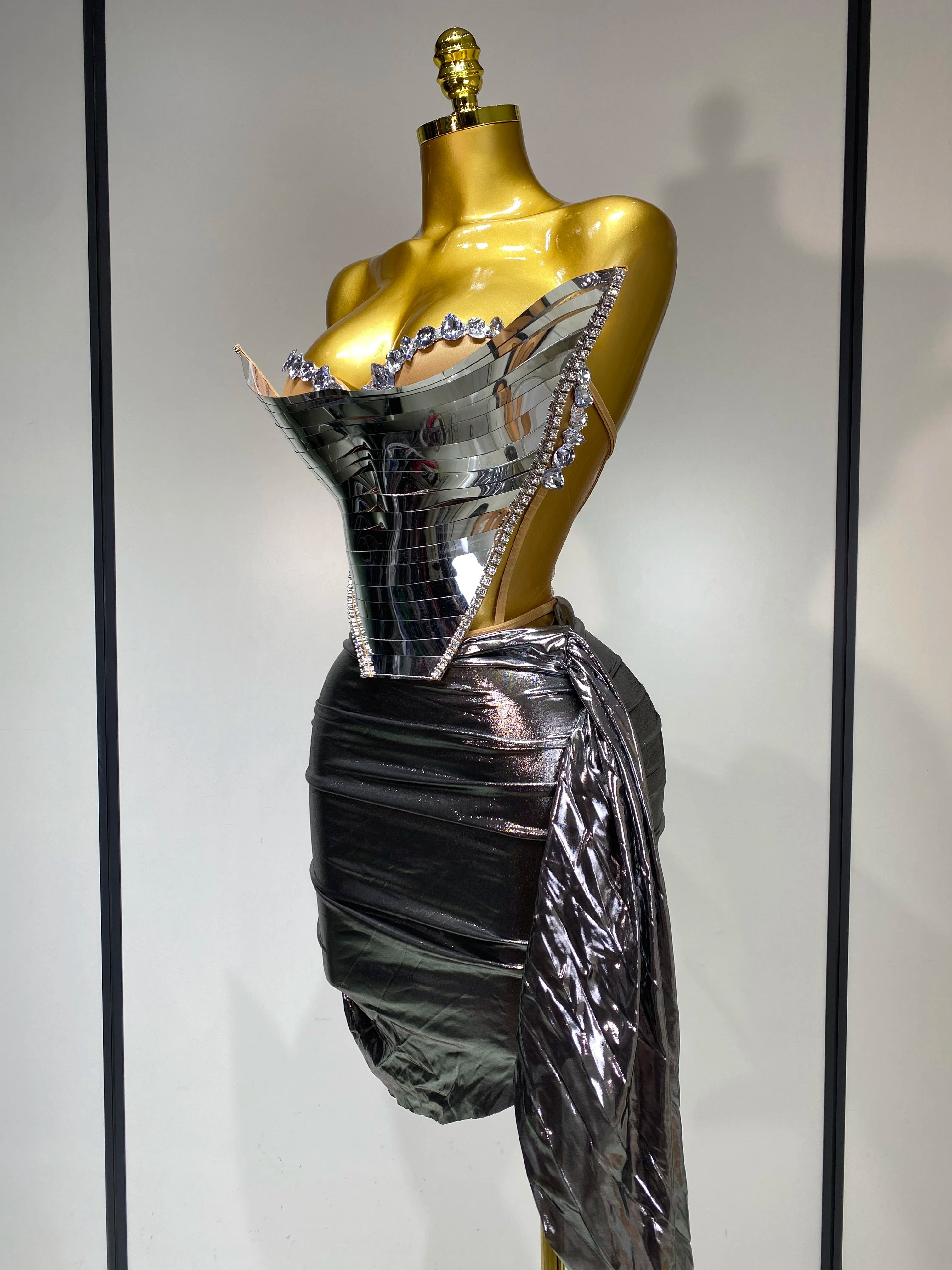 Sparkly Sliver Sequin Sexy Top Two Pieces Set Women Celebrate Party Luxury Birthday NightClub Performance Dancer Stage Outfit