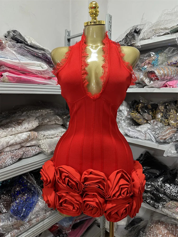 Women Sleeveless Sexy Halter Florlas Bodycon Mini Bandage Dress Celebrate Fashion Nightclub Party Birthday Outfit