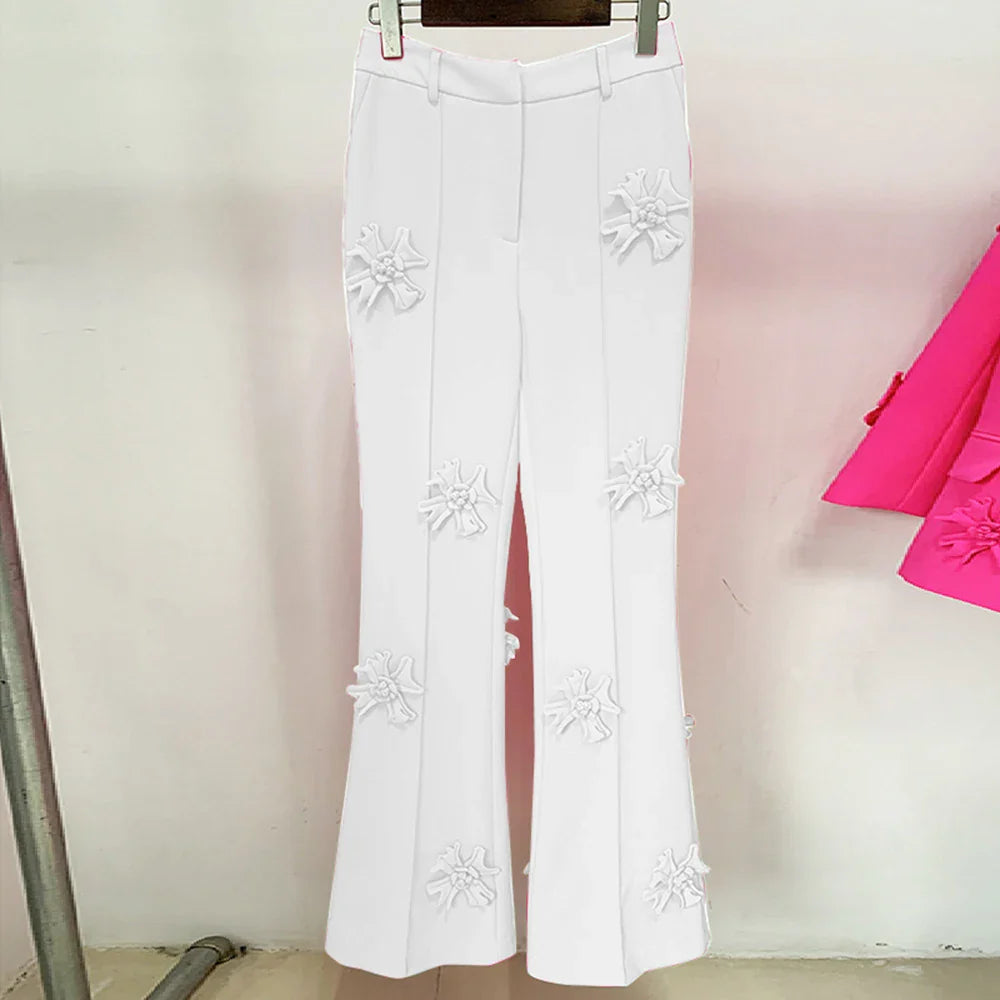 Patchwork Appliques Long Trousers For Women High Waist Wide Leg Trouser Female Casual Fashion Clothing Spring White