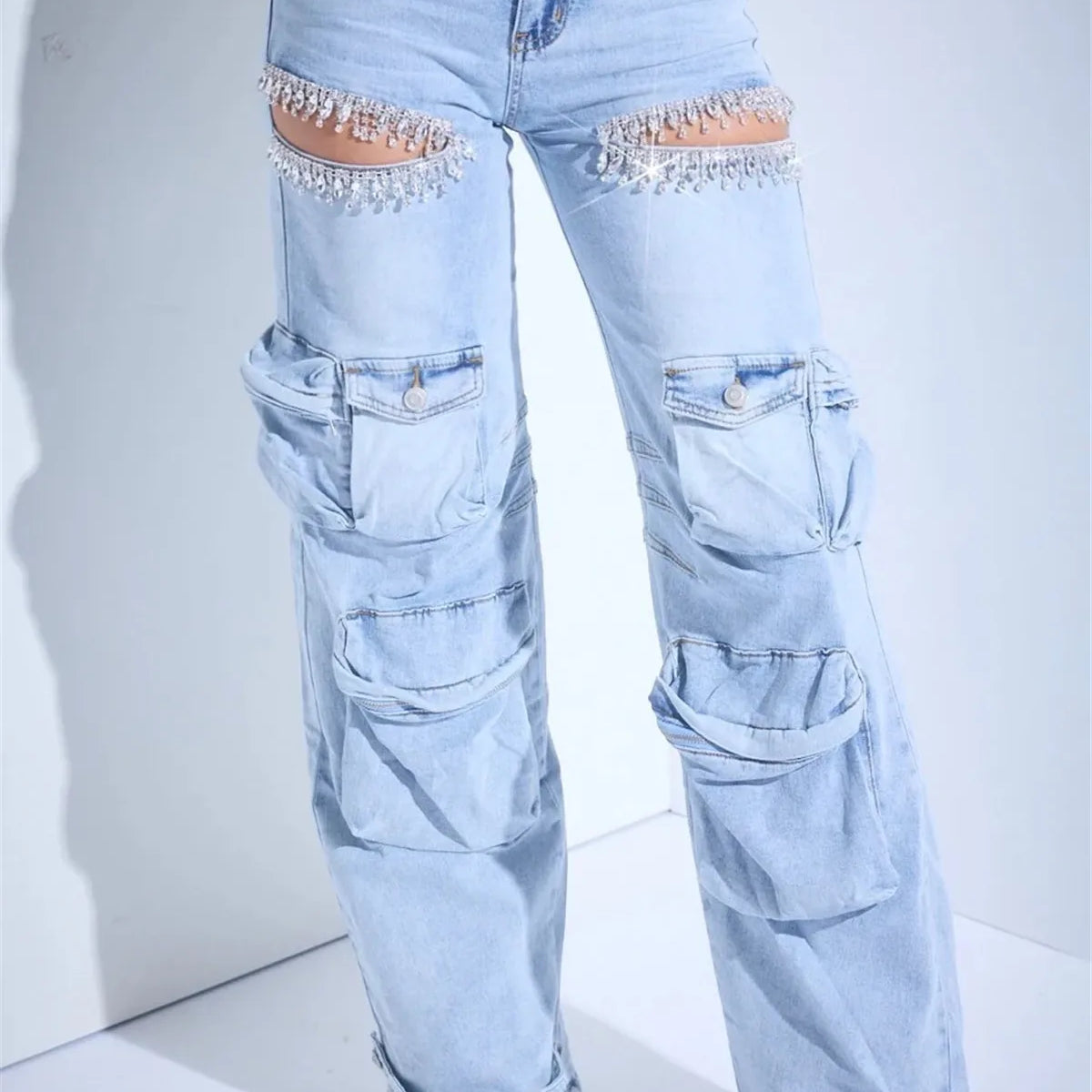 Women Cutout Diamonds Crystal Hollow Out Straight Denim Pants 2024 Fall Multi Pocket High Waist Wide Leg Jeans Trousers