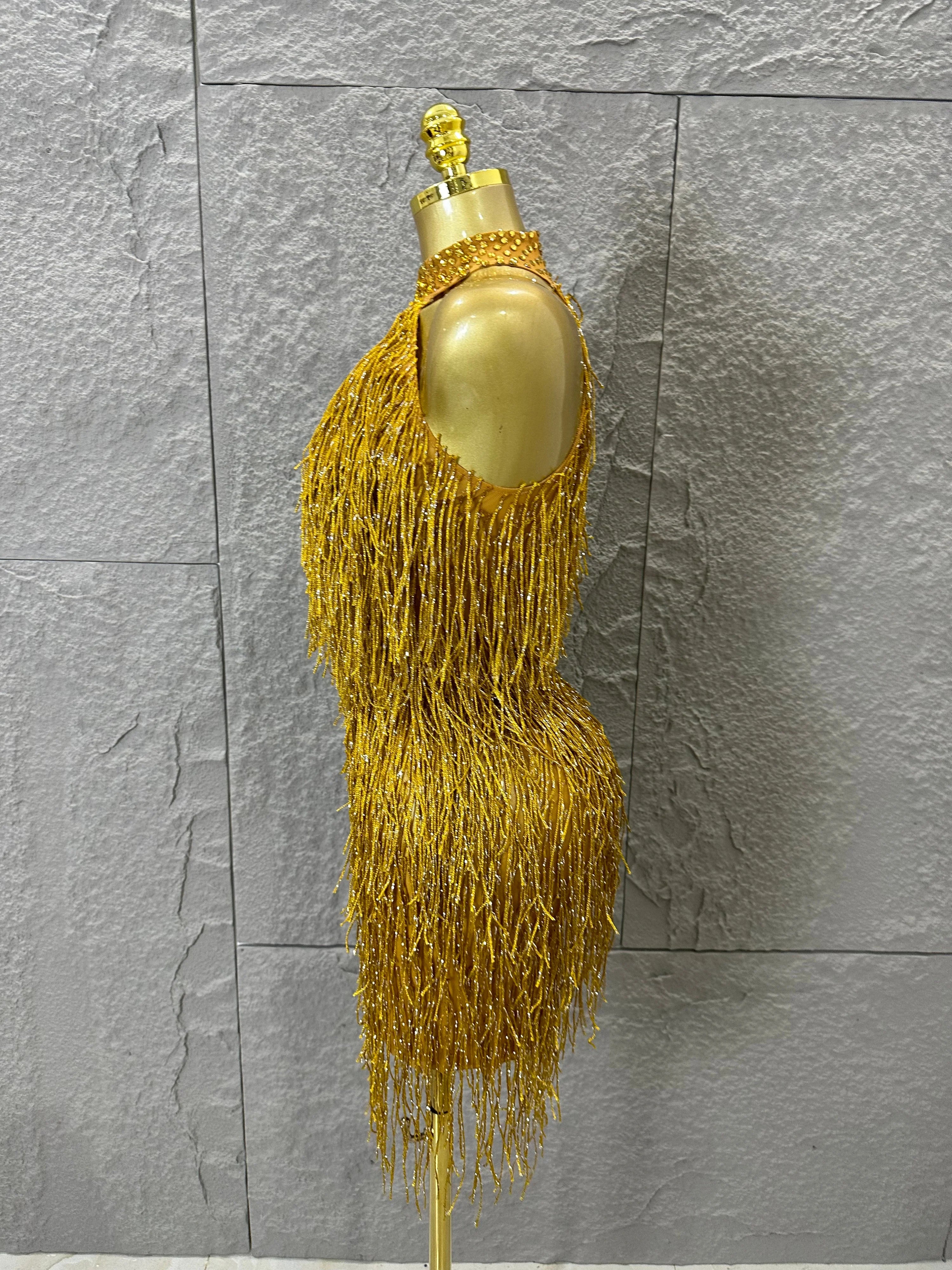 Luxury Gold Halter Neck Mini Dress Women Sexy Crystal Embellished Fringe Trim Form-Fitting Outfit Formal Event Party Costume