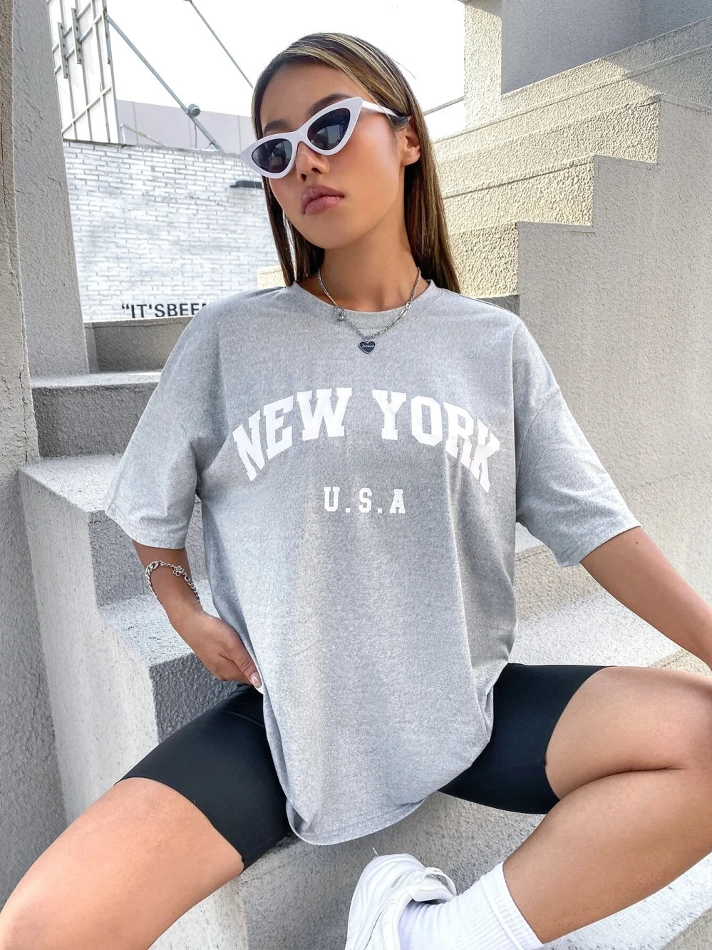 U.S.A New York USA City Street Printed Women T Shirts Breathable Summer T-Shirt Fashion Tees Clothing O-Neck Short Sleeve gray