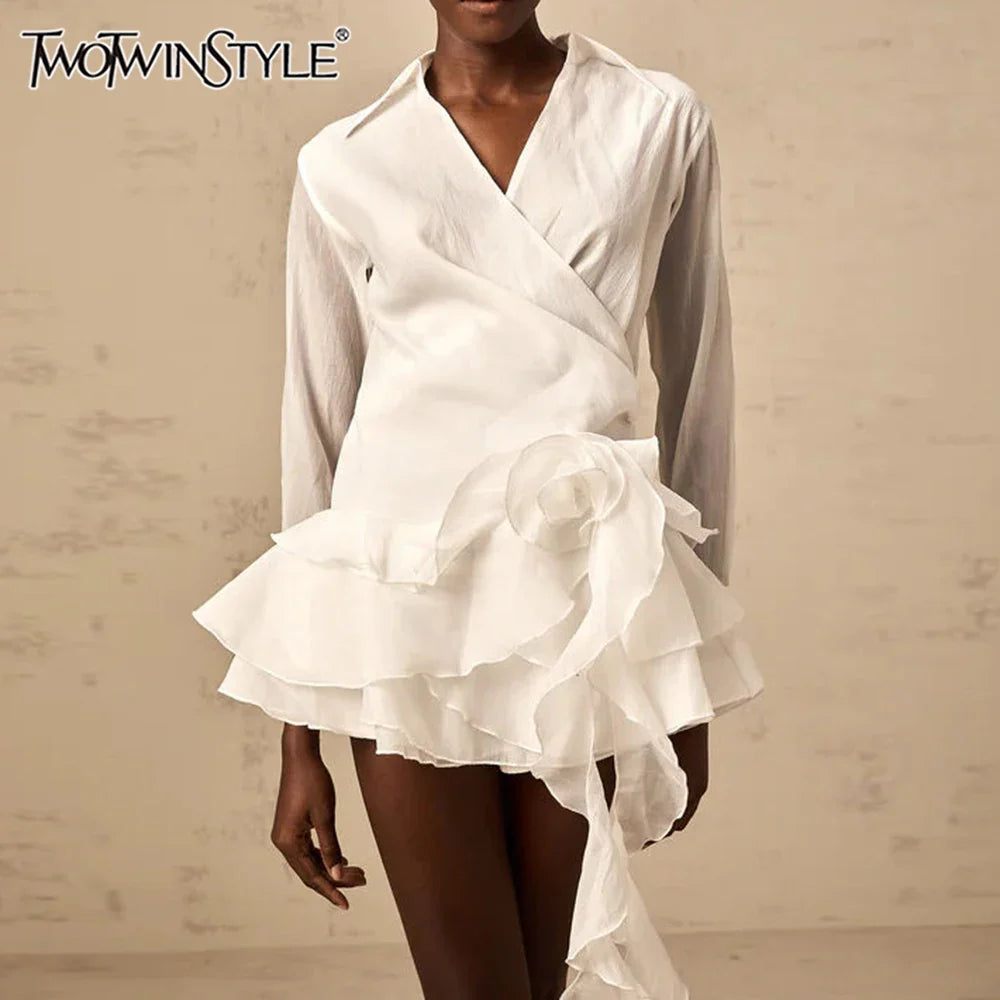 Solid Mini Temperament Mini Dresses for Women V Neck Long Sleeves Patchwork 3D Flower Mini Dress Female Clothing