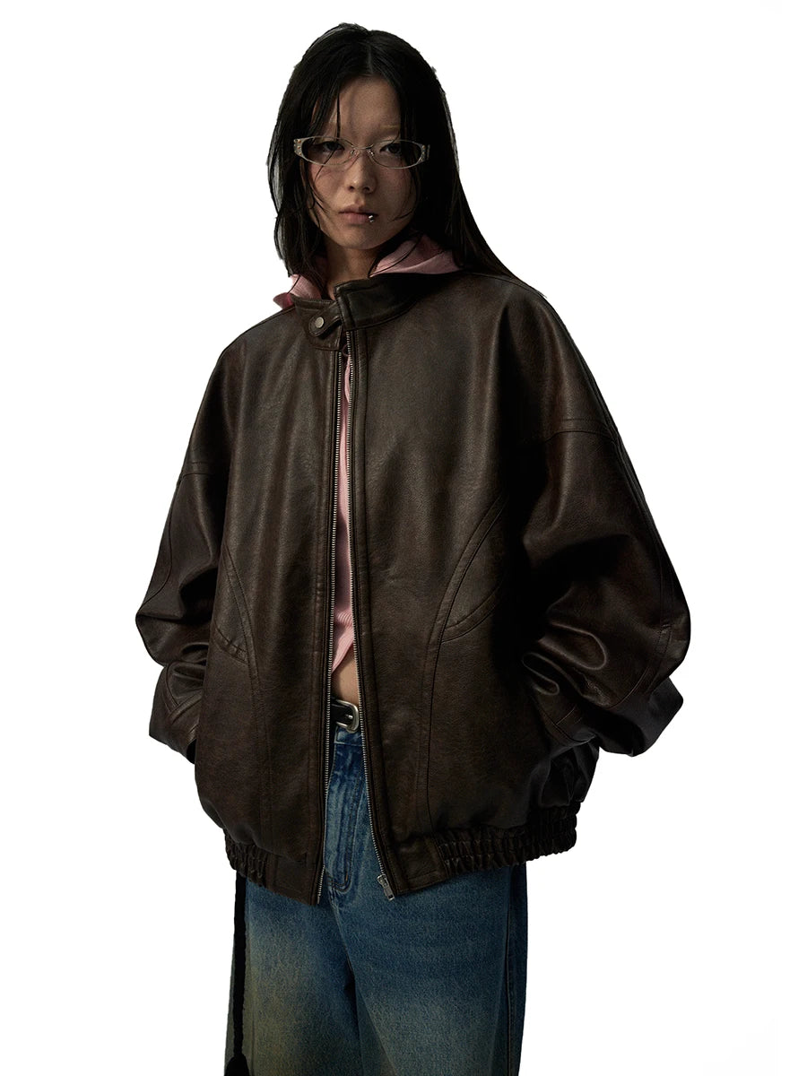 Lautaro Autumn Cool Handsome Distressed Brown Oversized Pu Leather Jacket Women Zippper Stand Collar American Retro Clothing