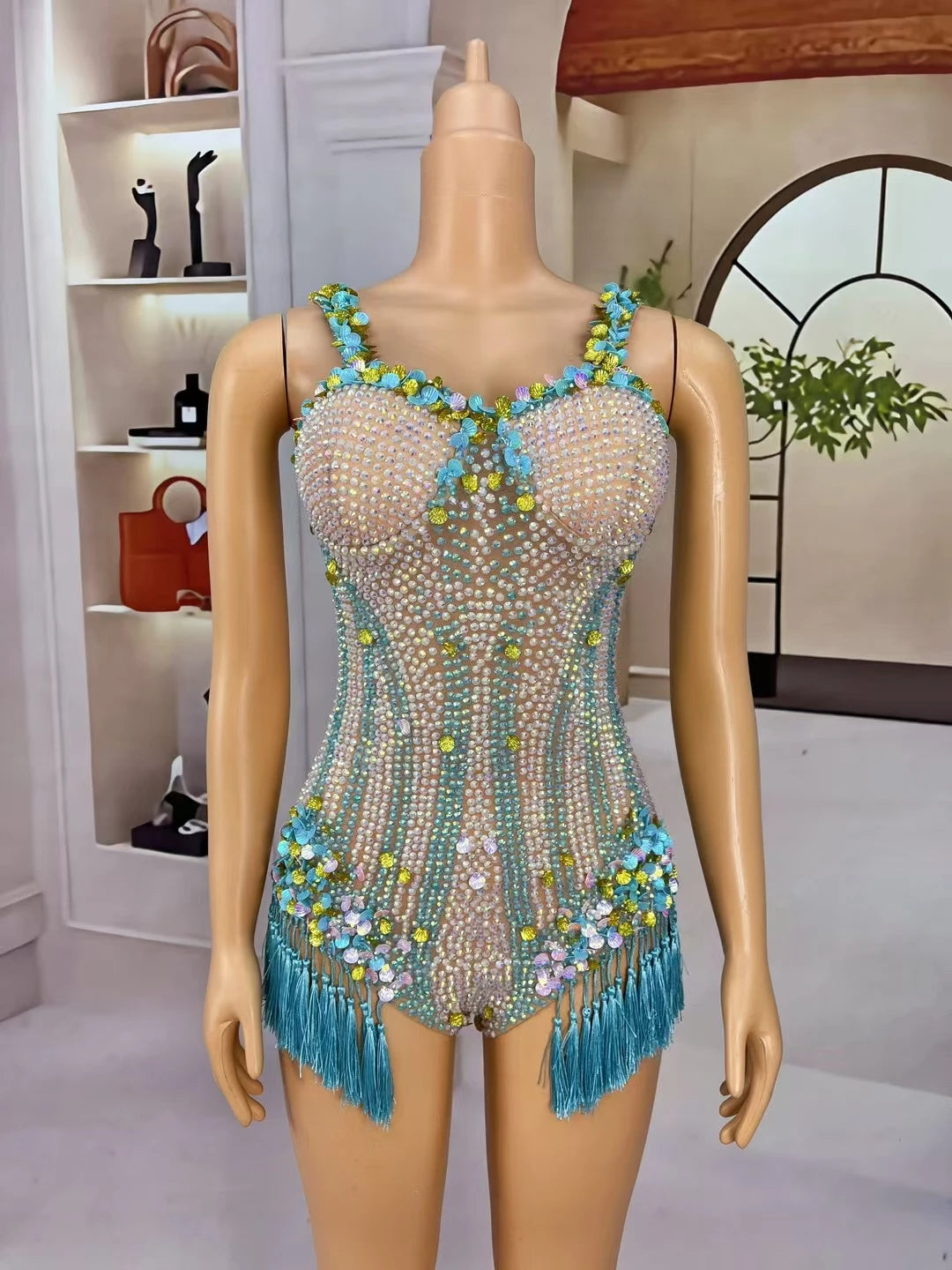 Sparkly Rhinestone Shell Tassel Bodysuit Club Dance Performance Leotard Women Nightclub Party Singer Stage Sexy Bodysuit Nanning