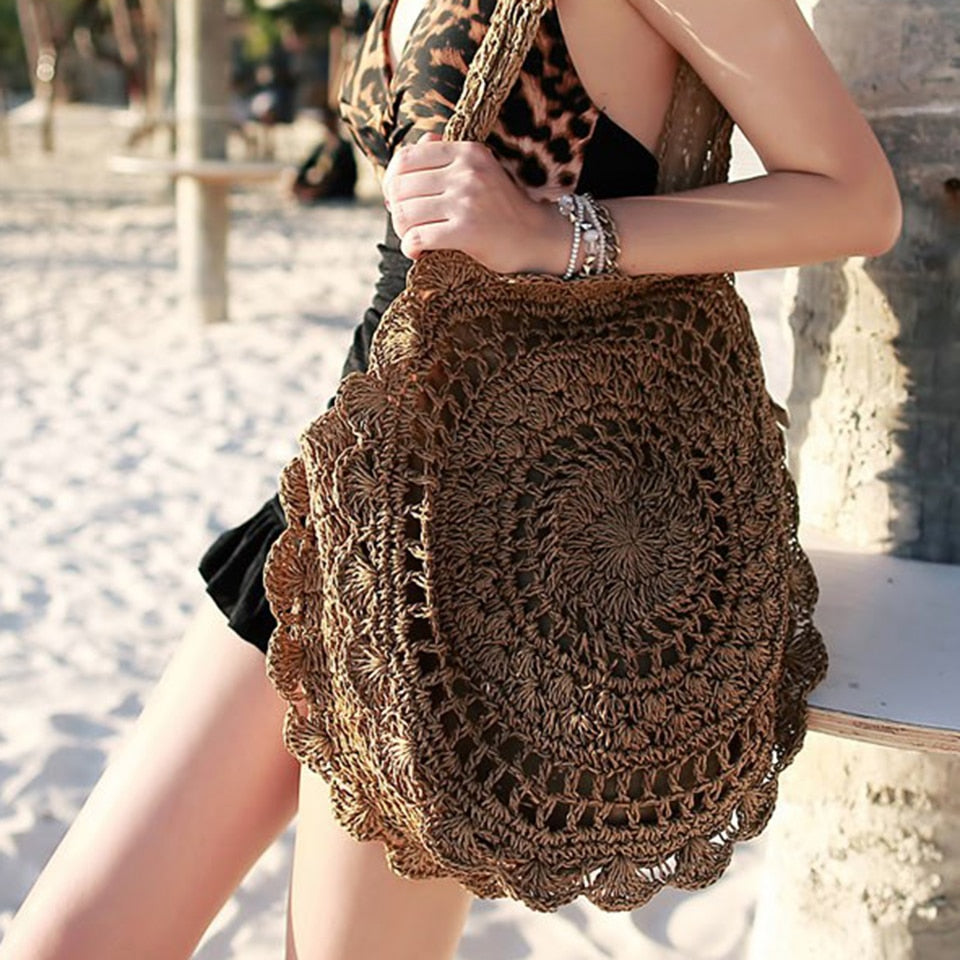 Summer Straw Handbag Wooden Handle Large Capacity Paper Rope Woven Straw Bag 2024 New Fashion Summer Vacation Travel Beach Bag Dark Brown5