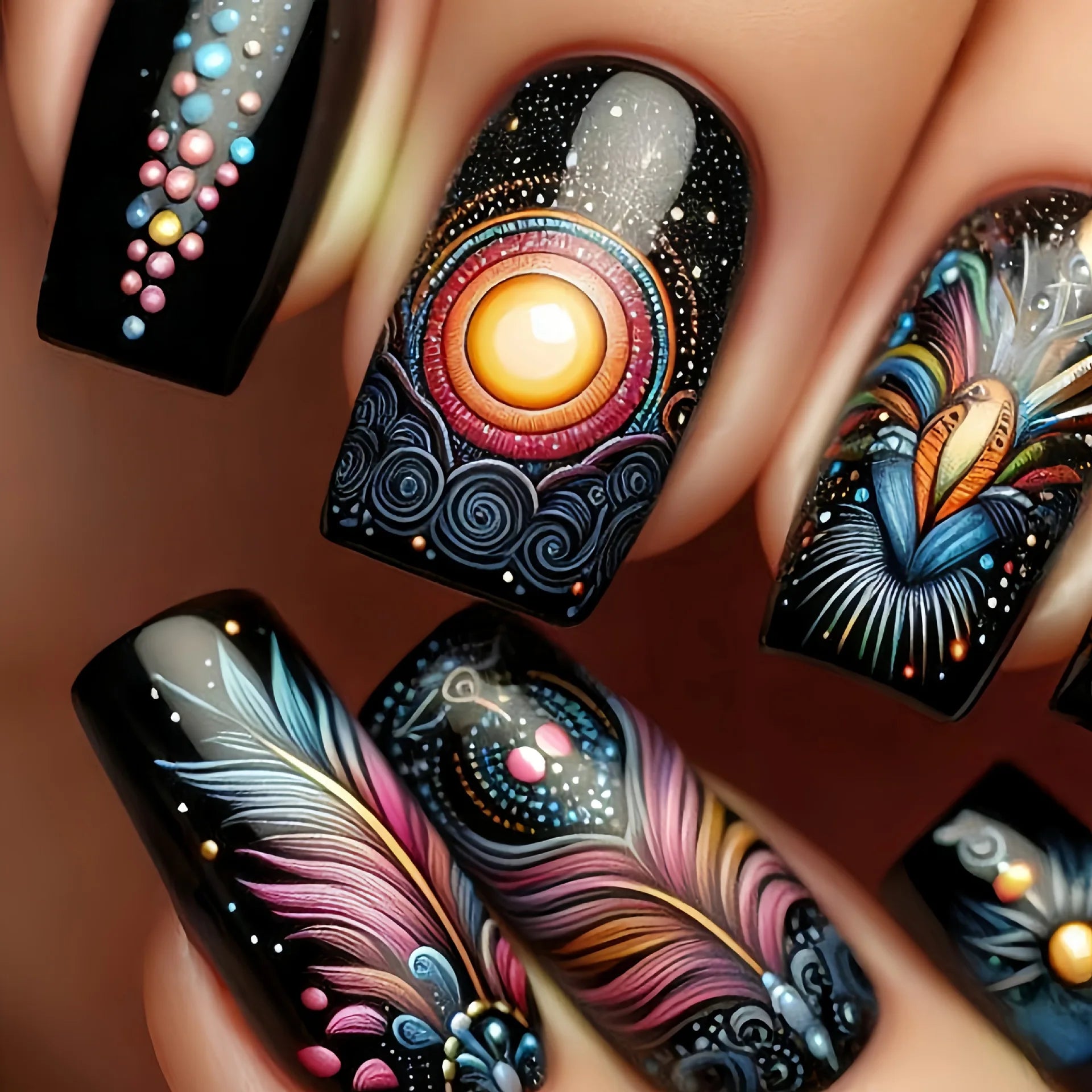 24pcs/set medium long fake nails fashion butterfly feather forest sea wave design gradient blue purple green press on false nail 1779