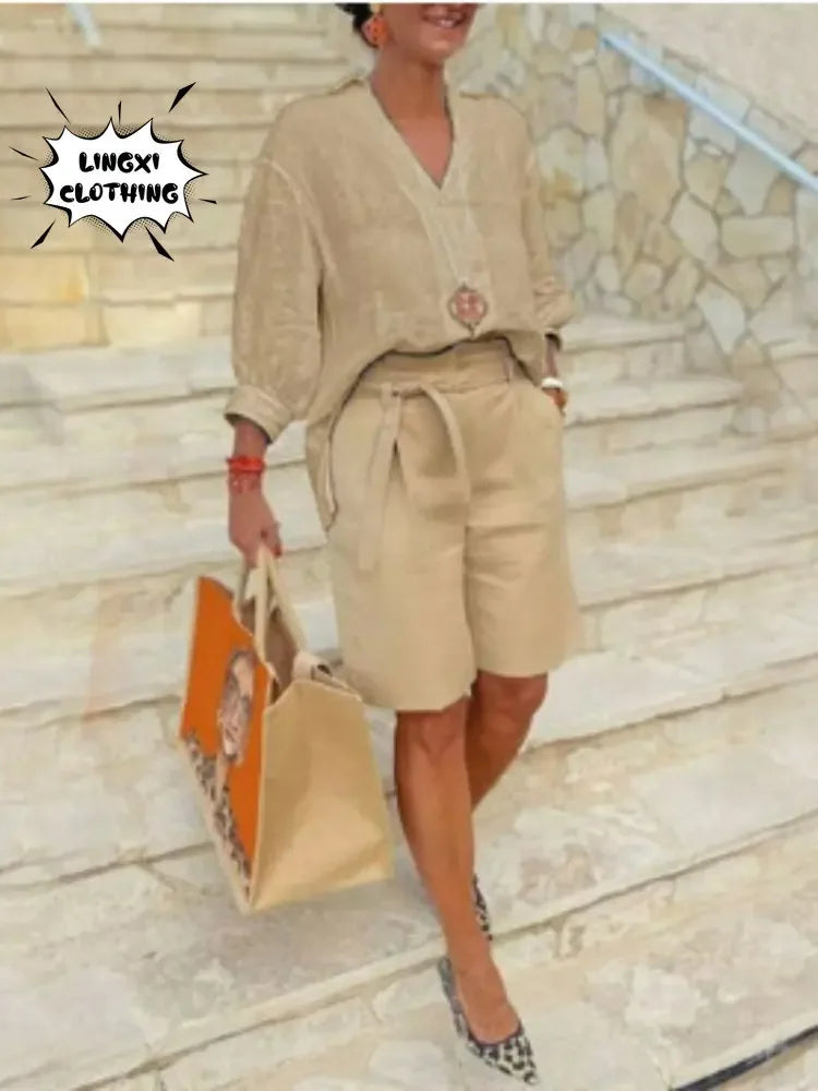 2024 Summer Fashion Plus Size New Matching Collection Women's Shorts Set V-neck Short Sleeves Sports Cotton Linen Two Piece Set