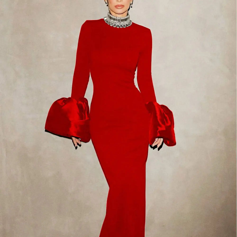 2024 Women's Light Luxury Beaded Elegant Bandage Dress Stand Collar Horn Sleeve Bodycon Long Dresses Evening Club Party Vestidos