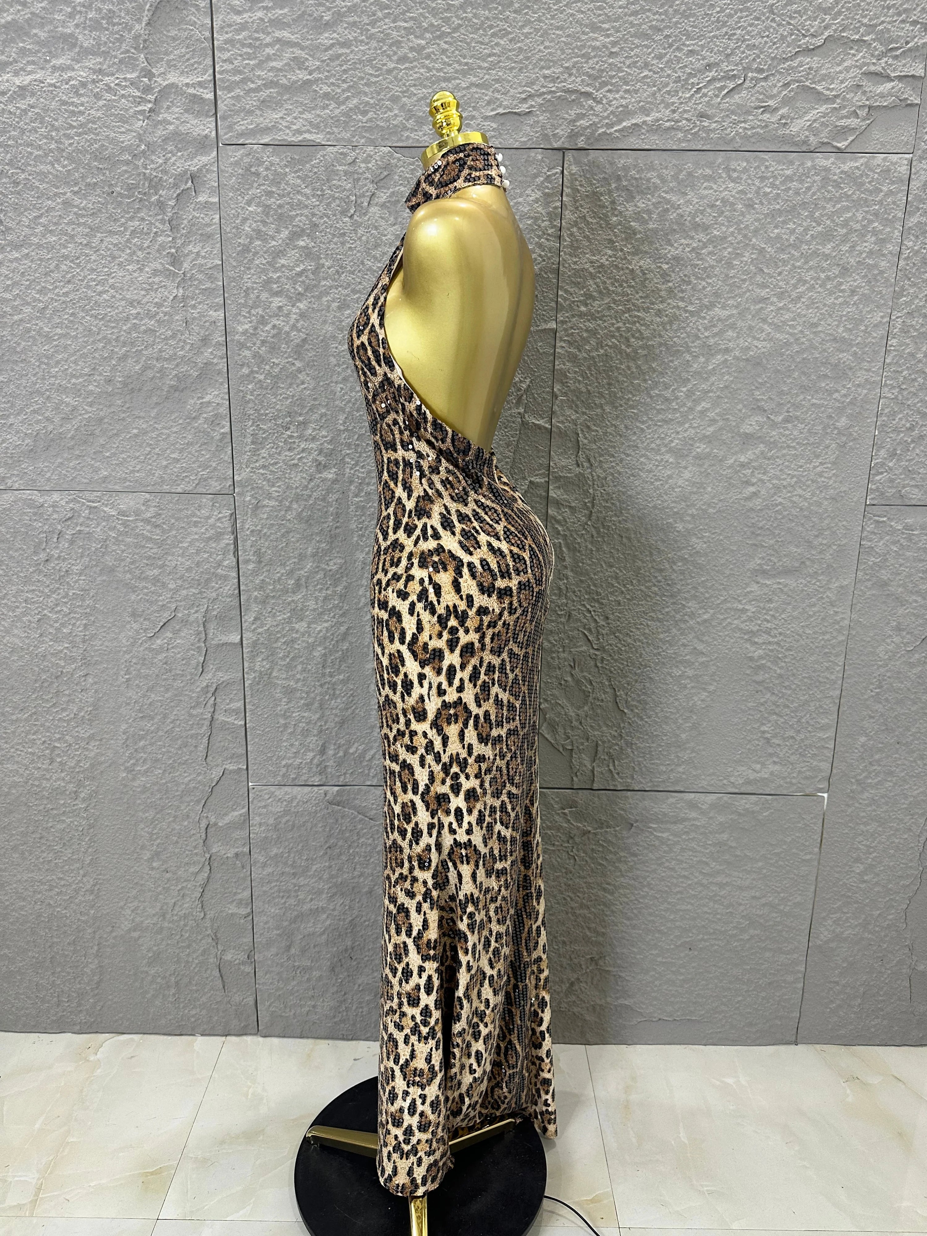 Refined Leopard Print Maxi Dress Women Sexy Halter Neck Sleeveless Sequin Embellished Bodycon Outfit Nightclub Party Costume