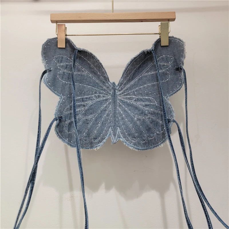 Spring Fashion New Halter Neck Strap Denim Vest For Women Backless Tie Rhinestone Butterfly Design Tank Top 11A07882