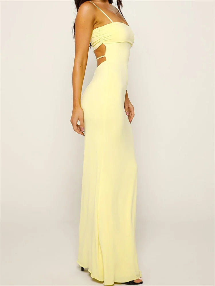 CHRONSTYLE Women Long Dresses Slim Fit Square Neck Backless Spaghetti Strap Solid Color Dress Party Club Wedding Night Vestidos