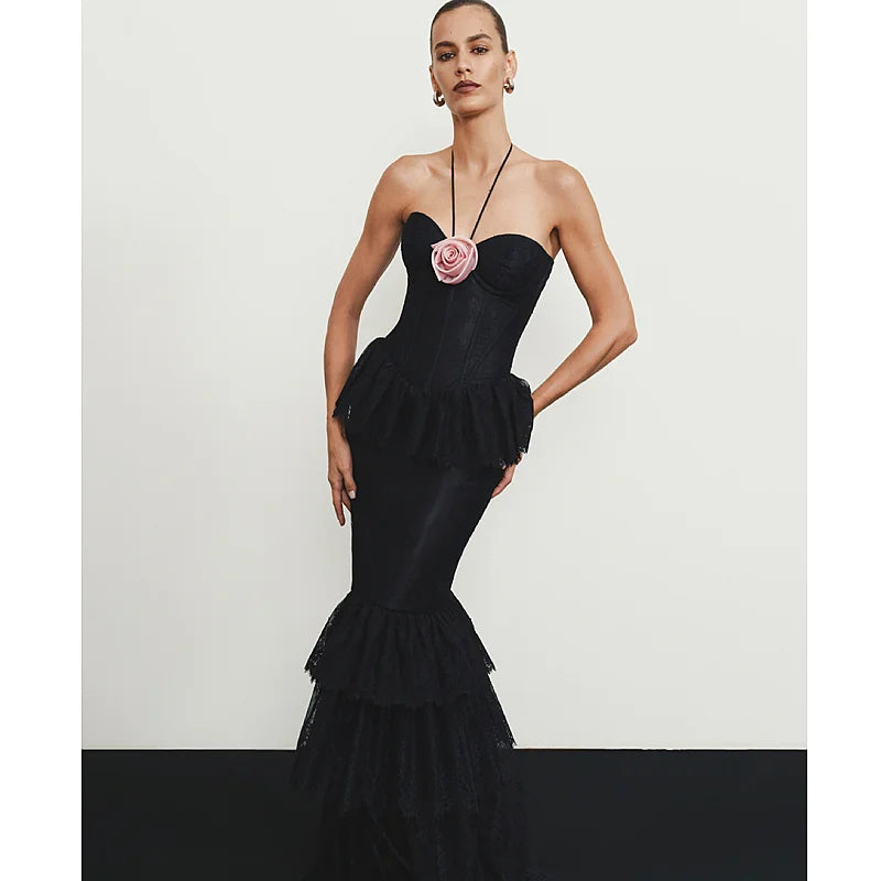 2025 Pink Flowers Halter Sleeveless Black Lace Ankle Length Dress Celebrity Birthday Party Evening Dress Woman Voaction Outfit black