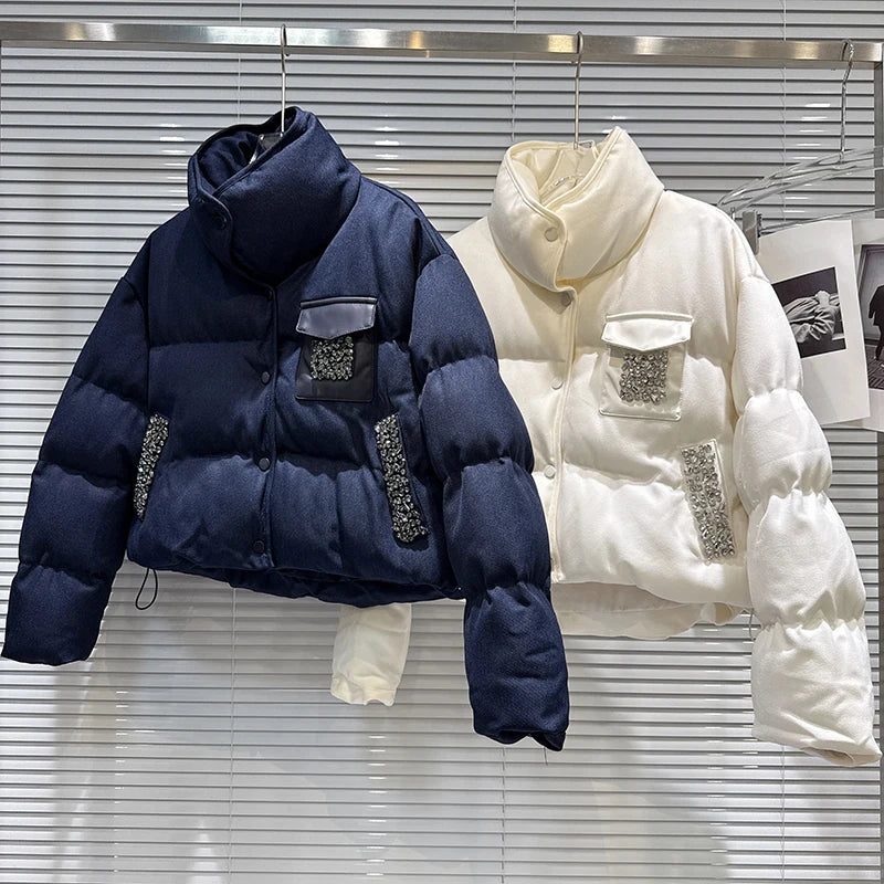 Winter New Fashion Heavy Industry Rhinestone Beaded Stand Collar Warm Jacket For Women Cotton-padded Coat 11A07467