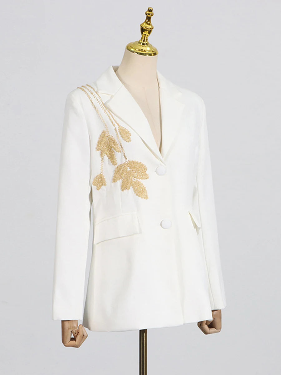 Solid Slimming Two Piece Sets for Women Lapel Long Sleeve Patchwork Bead Top High Waist Pant Temperament Set Female