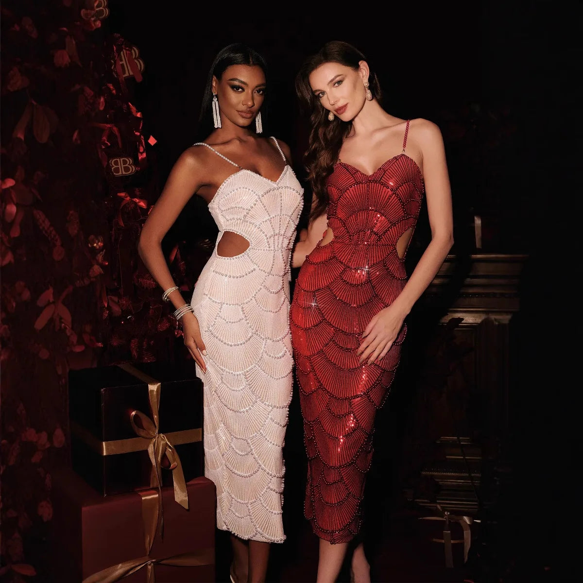 STOCK Shining Sequins Beading Hollow Out Spaghetti Strap Long Dress Woman Birthday Party Dress Sweet Dateing Outfit