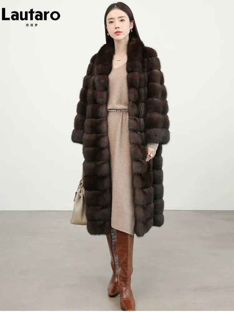 Autumn Winter Elegant Luxury Chic Long Thick Warm Faux Sable Fur Coat Women Shawl Collar Fluffy Overcoat