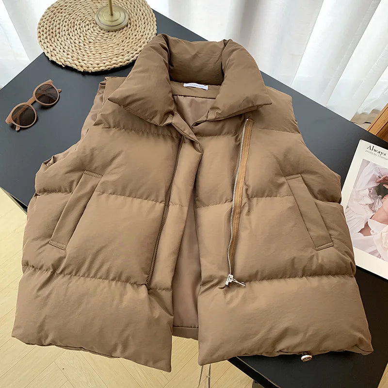 Women Fashion Autumn Stand Collar Elegant Down Coats Warm Outerwear Casual Belt Sleeveless Winter Women Vests Jackets Khaki