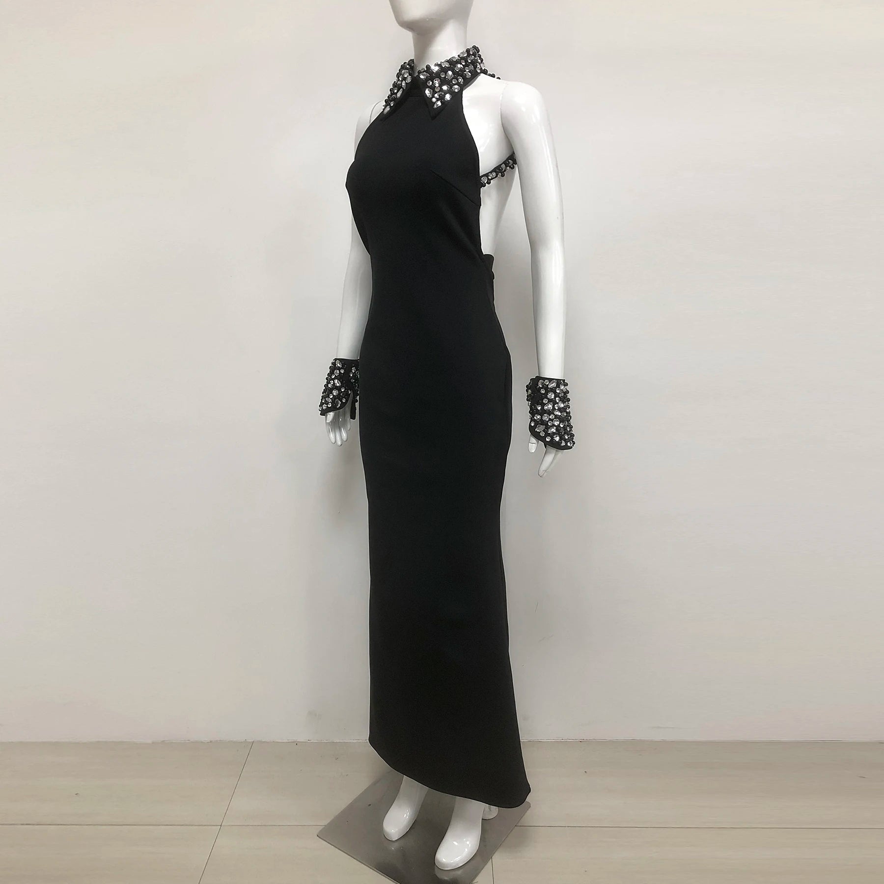 Luxury Diamond Neck Sexy Halter Sleeveless Steath Ankle Lenght Bandage Dress Graceful Woman Party Dress Birthday Party Vestido