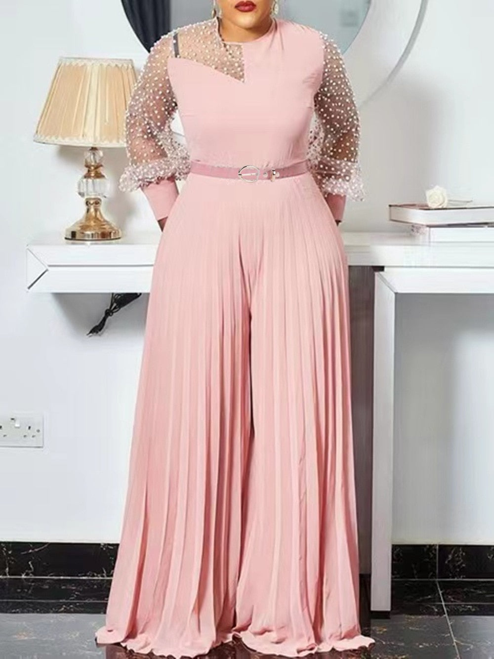 S-5xl Tenues D'automne Femmes Rose Mode Grande Taille Combinaison Mince Plissée À Manches Longues Barboteuses Vêtements Élégants En Gros Livraison Directe