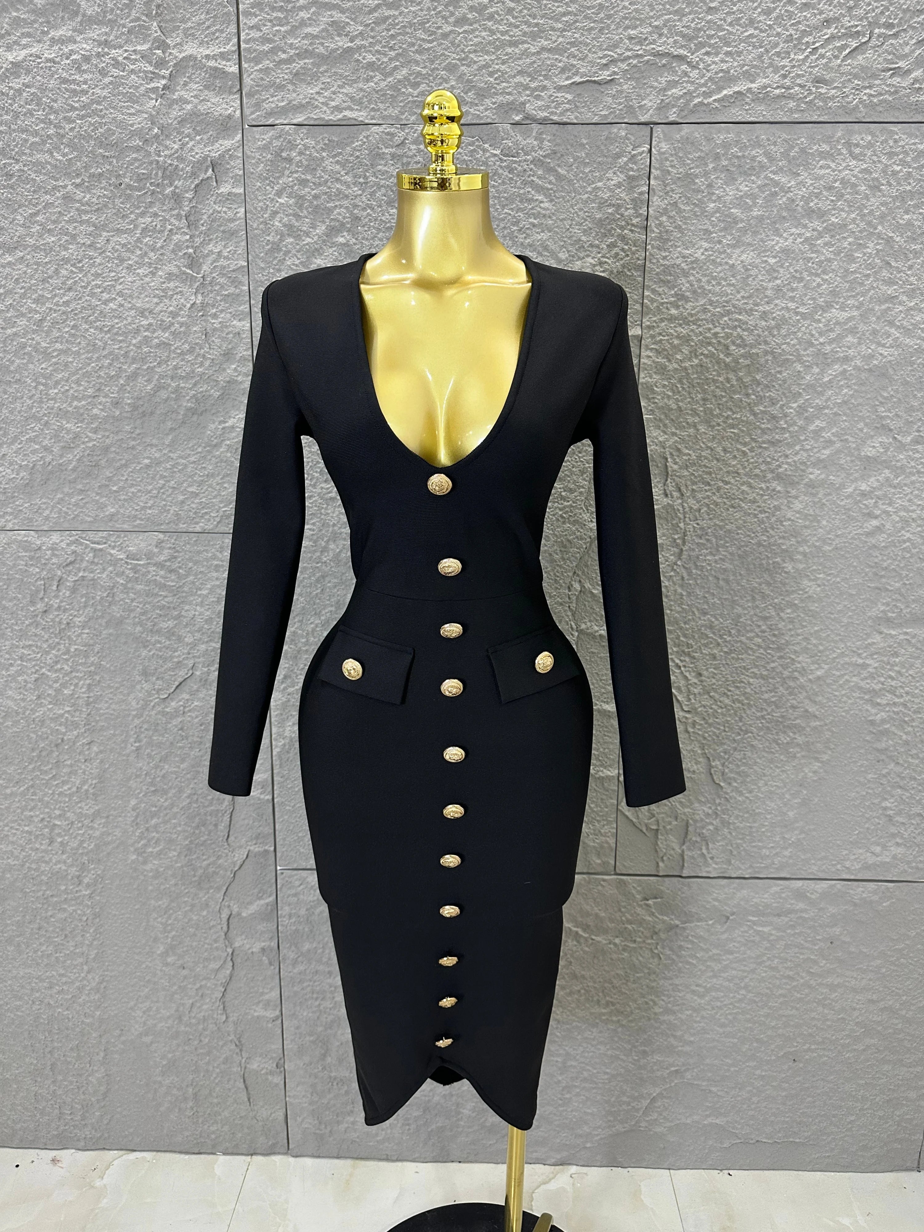 Elegant Black Deep V-Neck Midi Dress Women Sexy Long Sleeve Gold Button Form-Fitting Evening Party Cocktail Party Costume