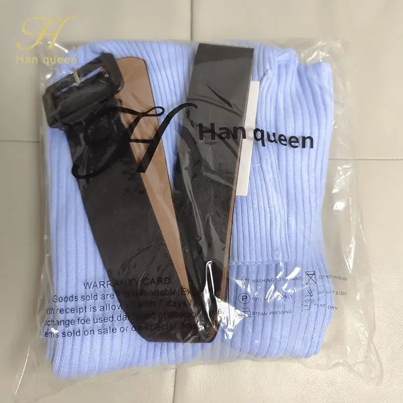 H Han Queen Knitted Turtleneck Sweater Bodycon Dress Bottoming Women Soft Elastic Autumn Winter Midi Party Dresses With Belt blue One Size