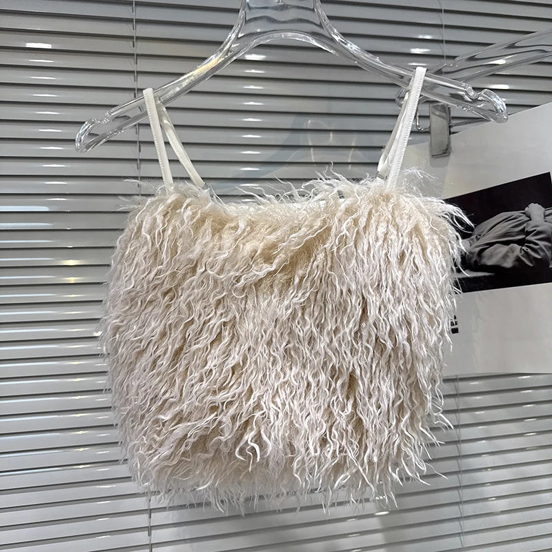 Winter New Sweet Temperament Faux Wool Adjustable Strap Camisole For Women Backless Tank Top Female 11A07775