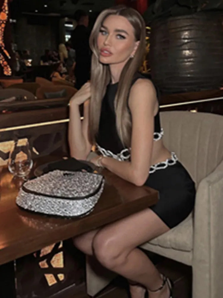 Women Summer Fashion Sexy Cut Out Backless Crystal Diamonds Black Mini Bandage Dress Elegant Evening Club Party Dress