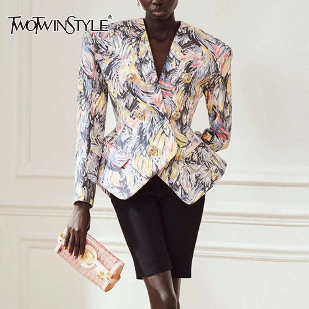 Hit Color Spliced Printing Fashion Jackets for Women V Neck Long Sleeves Patchwork Button Elegant Jacket Female New