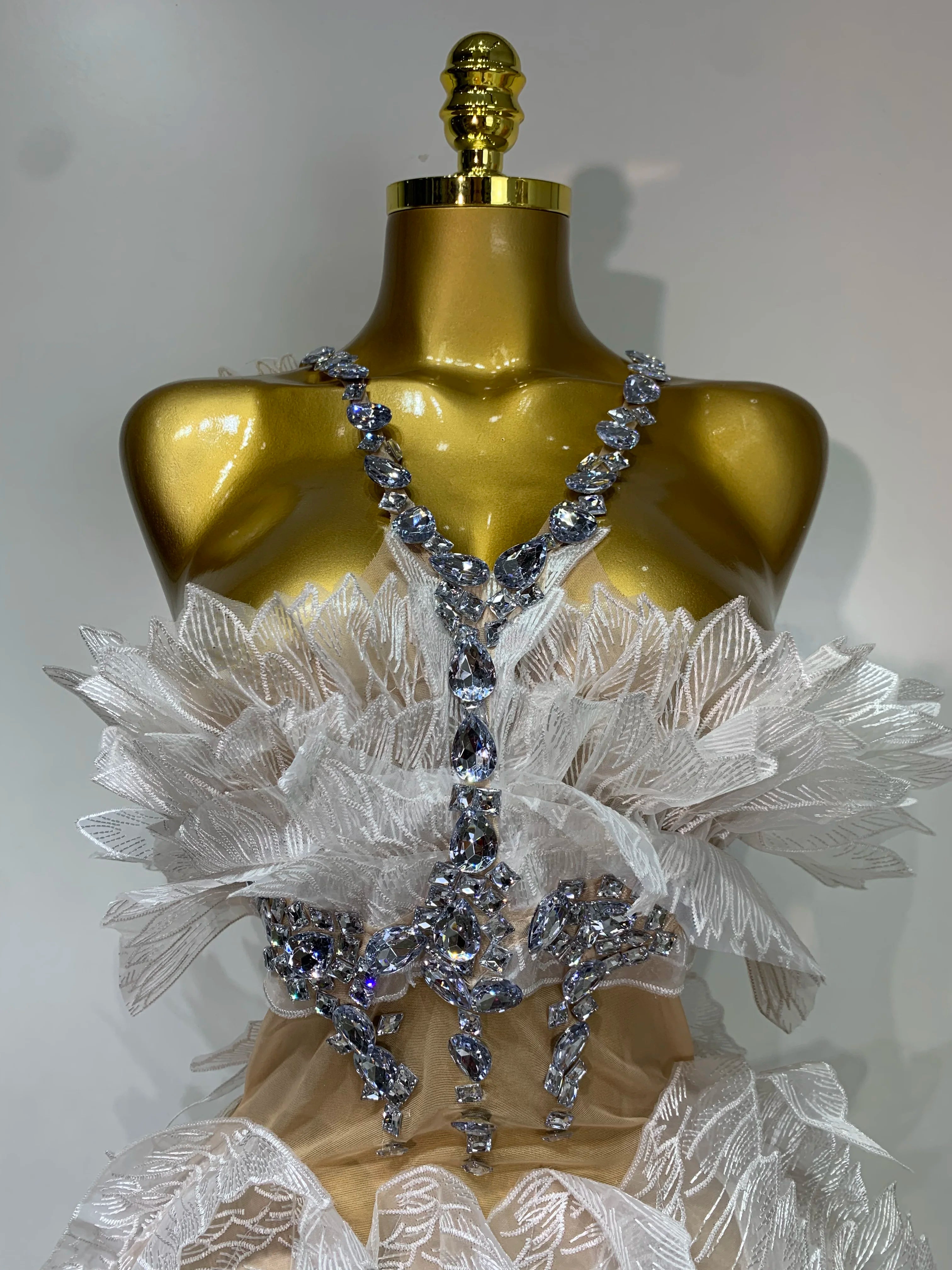 Luxury Birthday Dress Women Sexy White Crystal Transparent Wings Mini Dress Nightclub Evening Party Singer Stage Perform Costume