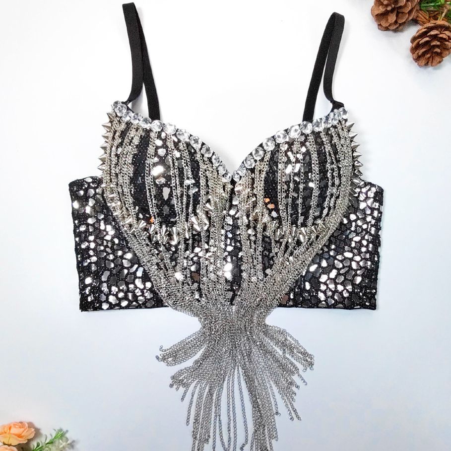 Sexy Trend Sequin Metal Chain Tassel Sling Women's Shiny Personality Rivet Design Slim Camisole Female 2024 Summer