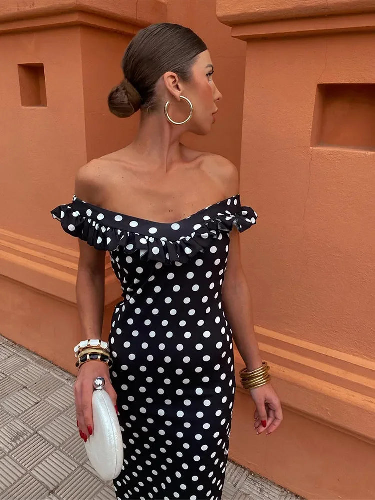 Elegant Polka Dot Print Ruffles Maxi Dress Women Fashion Strapless Slash Neck Backless Vestidos Lady Party Club Sexy Robes