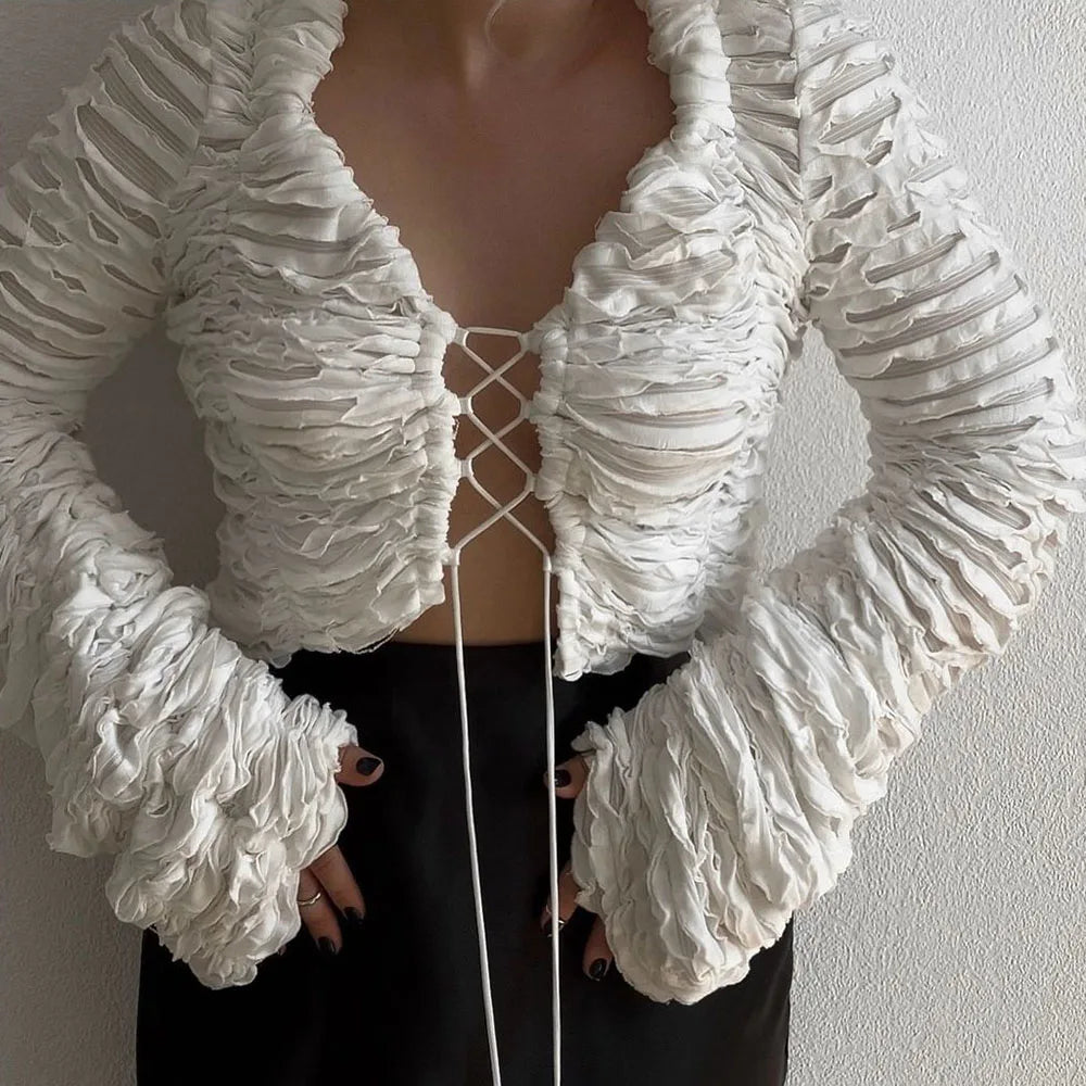 Talenza White Hollow V-neck Top Cardigan Women's Sexy Strappy Solid Color Long Sleeve Top Cardigan Casual Smocked Cardigan Top