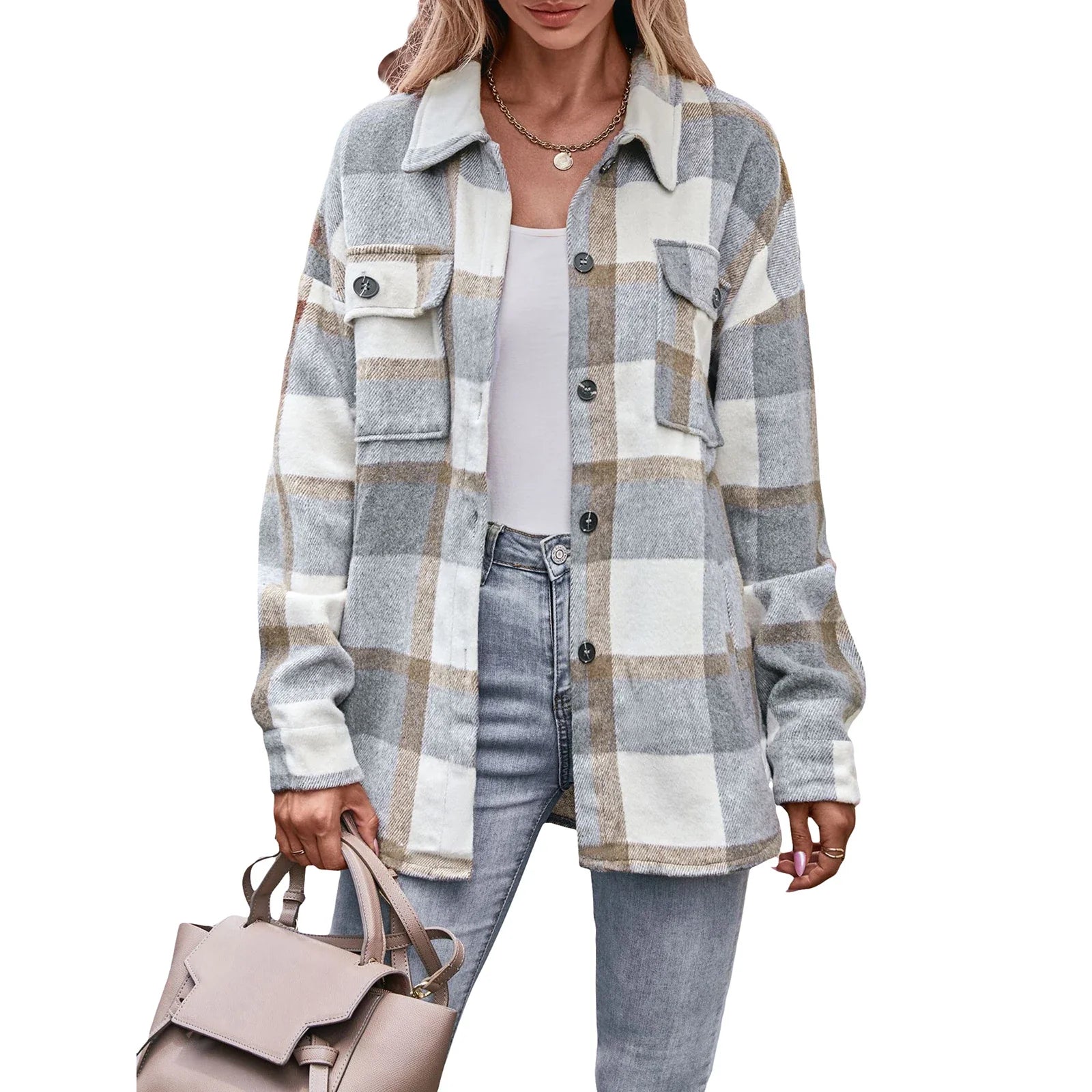Women s 2023 Autumn Winter Plaid Flannel Button Down Shirts - Stylish Oversized Boyfriend Fit Tops for a Trendy Look Light Gray