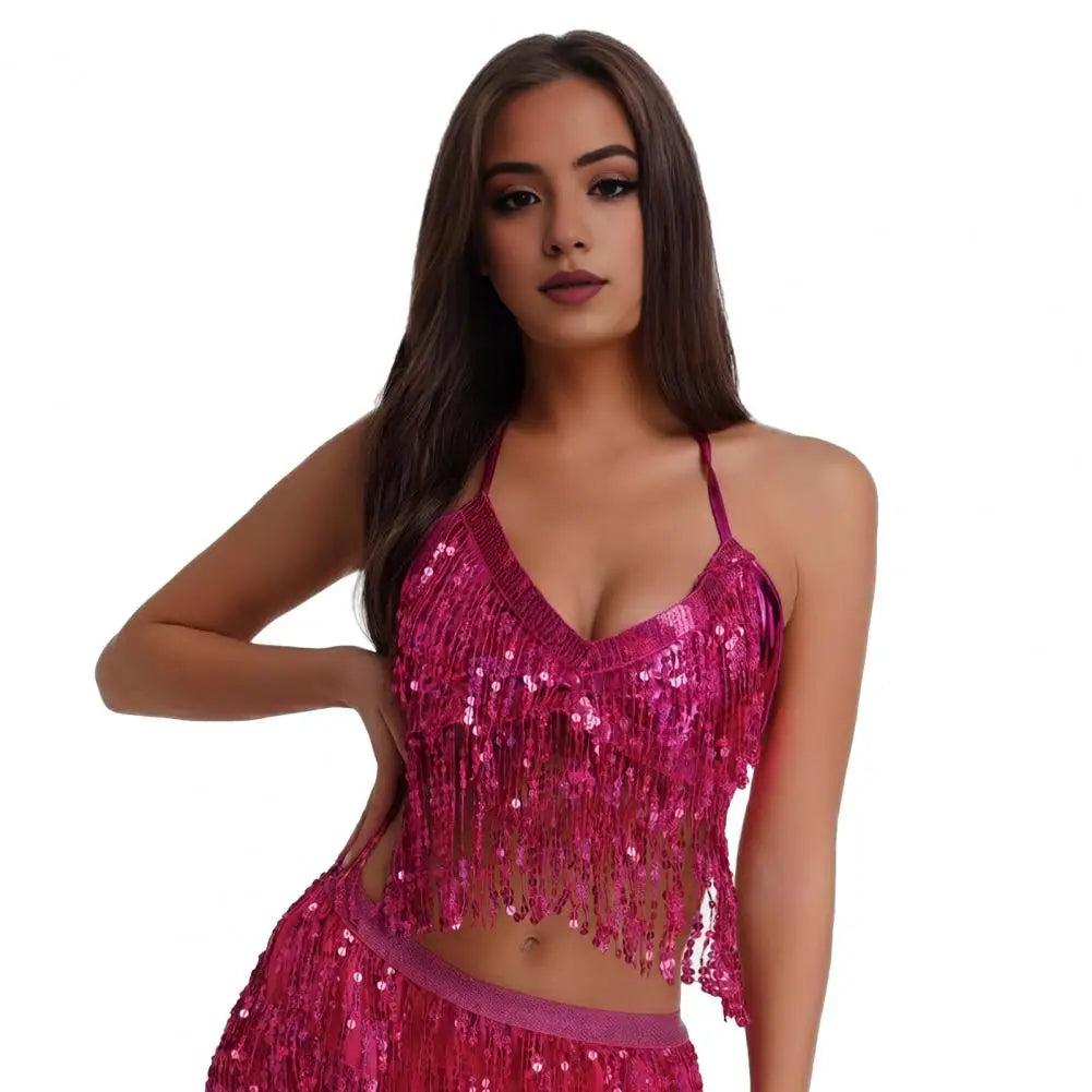 Sequin Tank Top Sparkling Sequin Fringe Halter Top for Women Belly Dance Nightclub Performance Bra Shiny Bronzing Vest Sexy Rose Red One Size