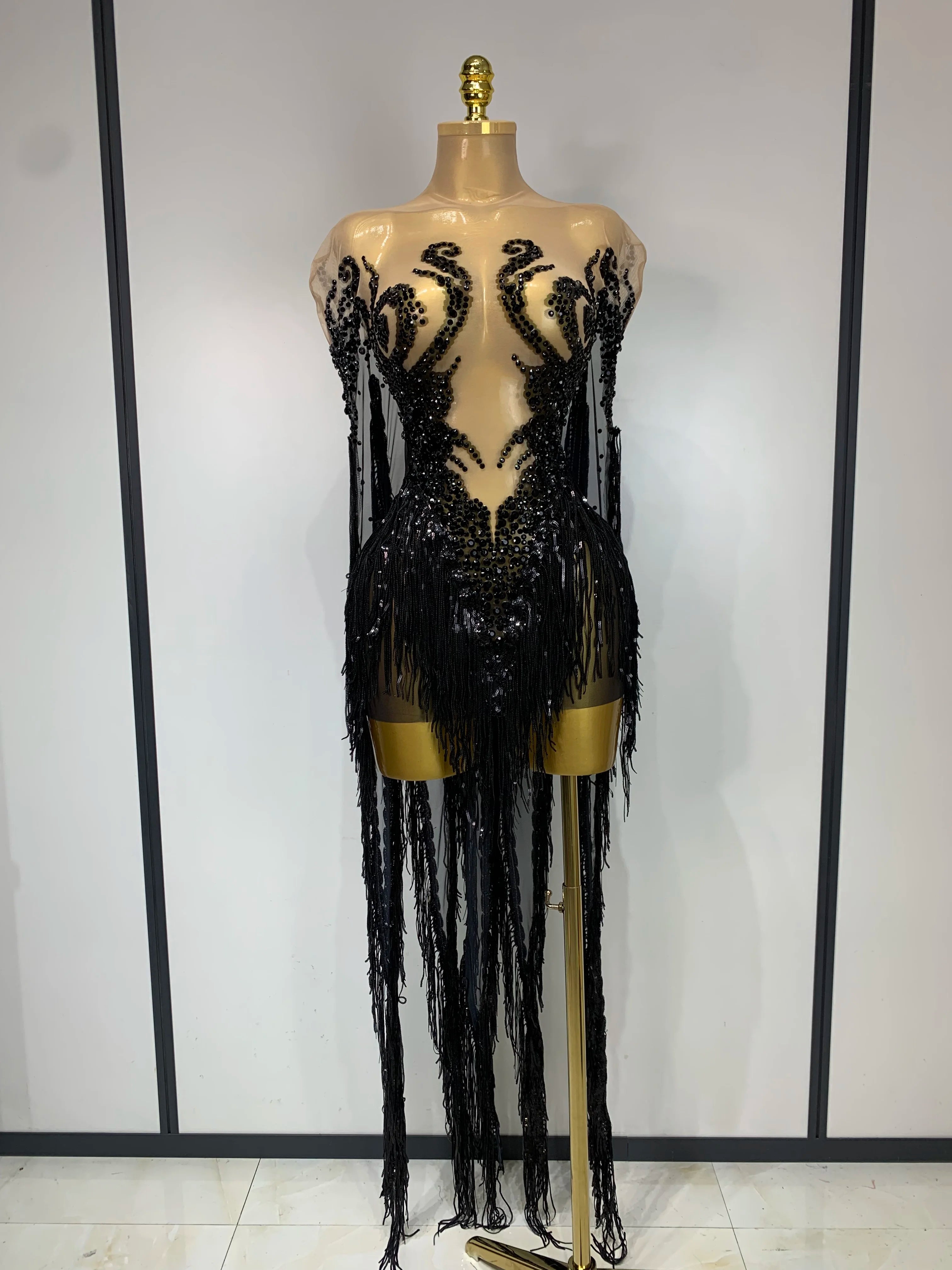 Sexy Sparkly Rhinestone Sequins Tassel Mesh Transparent Dress Women Evening Birthday Party Nightclub Dance Singer Stage Outfit black